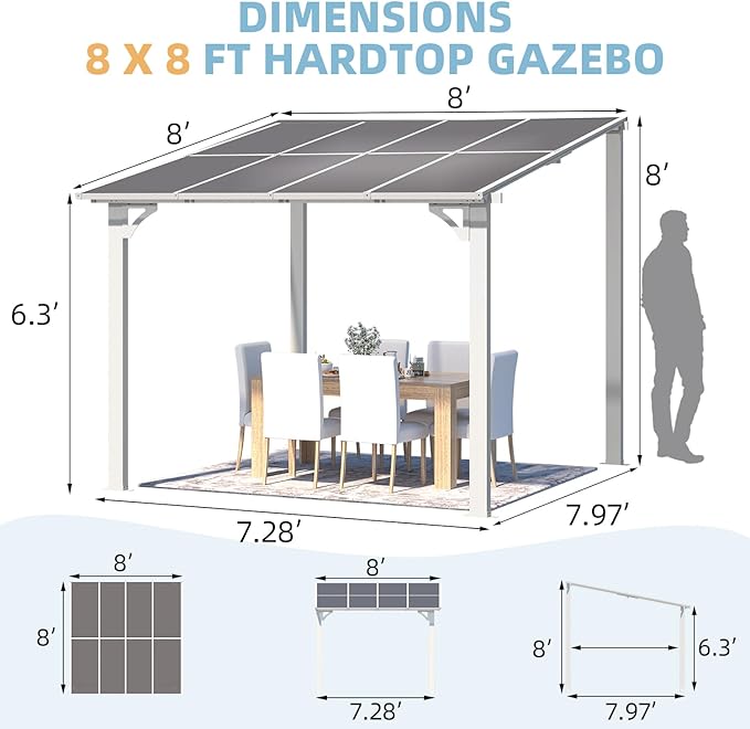 AECOJOY 8' x 8' Pergola Gazebo in White, Small Wall Mounted Pergolas and Gazebos on Clearance, Outdoor Patio Lean to Gazebo Metal Awnings for Deck, Porch, Backyard and More