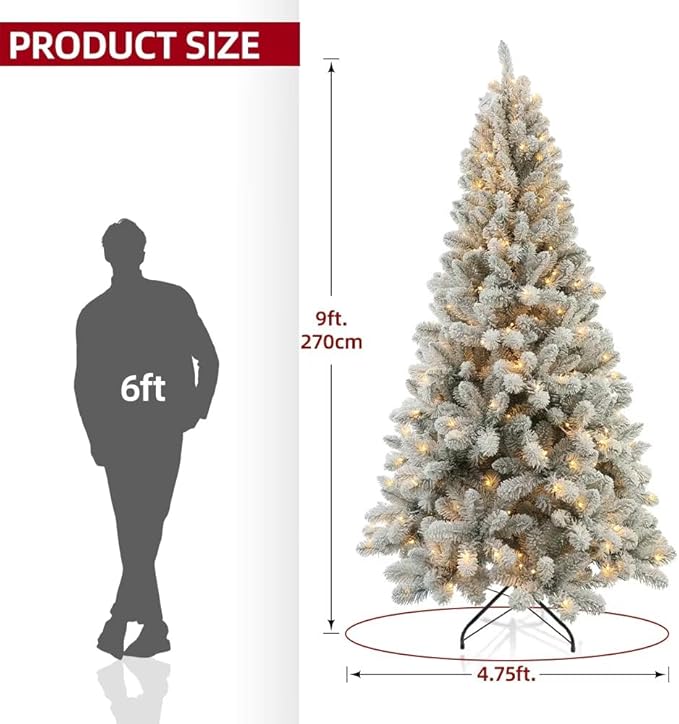 Prelit Christmas Tree with Lights 9ft,Premium Snow Flocked Artificial Xmas Tree, with 2270 Branch Tips and 900 Warm Lightsm,Support Automatique,Perfect Choice for Christmas Decorations,White