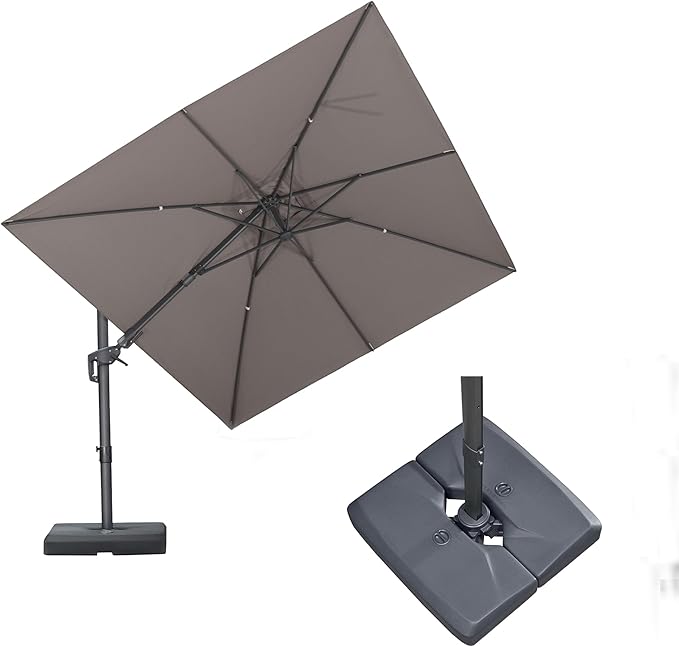 PURPLE LEAF 9' X 12' Swivel Outdoor Patio Aluminum Umbrella with Base Left-right Tilting Cantilever Offset Umbrella with UV Resistant Heavy Duty Fabric for Deck Pool Patio Backyard, Ash Mocha
