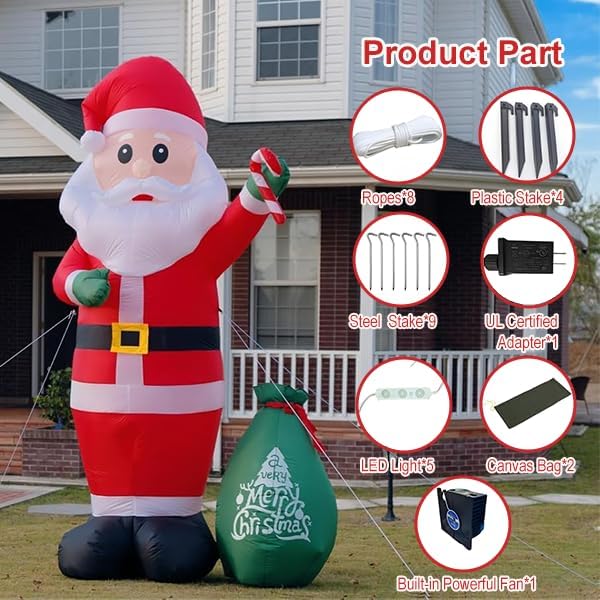 12FT Giant Christmas Blow Up Santa Claus Outdoor Decorations, with Cane Candy & Gift Bag, Built-in LED Lights, Christmas Inflatable Decors, Easy Setup for Outdoor Yard Lawn Holiday Decoration