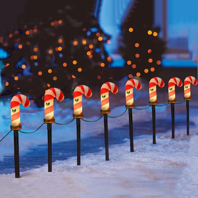 GOOTHY C7 Christmas Pathway Lights Outdoor, 7Ft Outdoor Christmas Decoration String Light with 8 Xmas Walkway Light Waterproof for Patio Driveway Lawn Garden Yard, Candy Cane, 14Ft