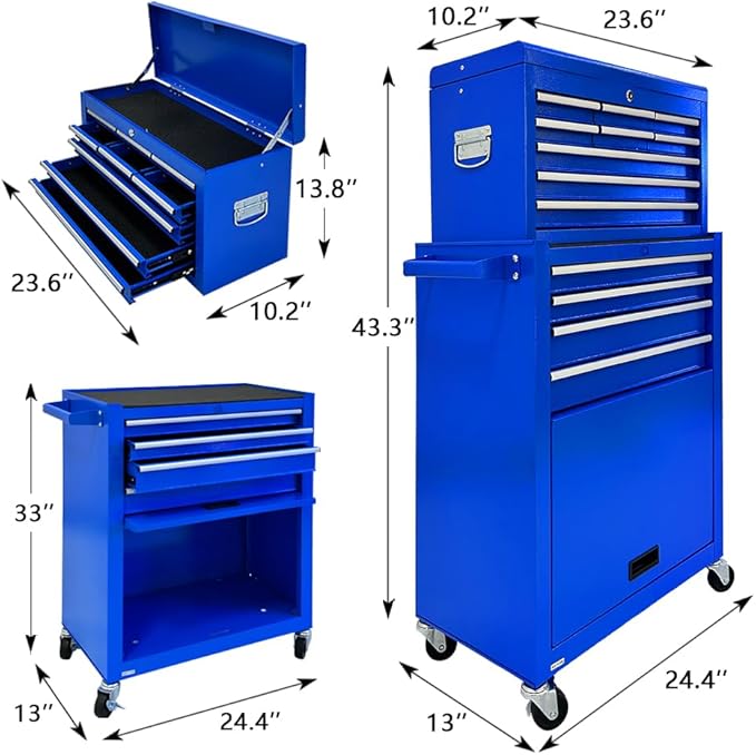 13-Drawer Tool Chest with Wheels,2 in 1 Detachable Rolling Tool box with Drawers,Large ToolBox with Lock,Mobile Steel Tool Cabinet Storage for Warehouse,Garage-Blue
