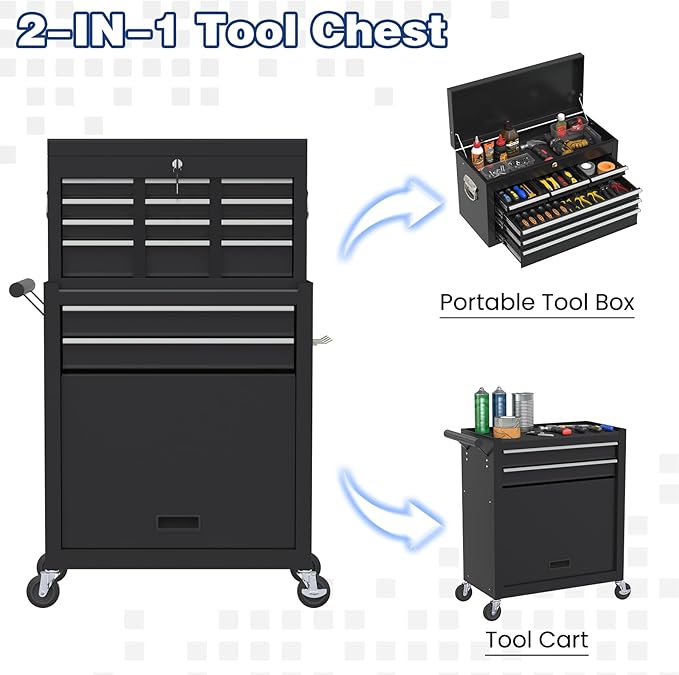 Rolling Tool Box with Wheels, 8-Drawer High Capacity Tool Chest with Wheels, Removable Storage Toolbox with Lock for Garage, Workshop (Black)
