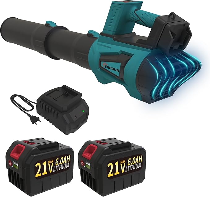 Leaf Blower Cordless Brushless with 6Ah Battery*2 and Charger, Strap, 21V Quiet 6-Speed Electric Leaf Blower with Display for Lawn Care, Leaves & Snow(Blue)