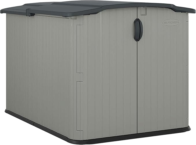 Suncast 138 Cu Ft Horizontal Outdoor Storage Shed, 57.5"x79.75"x52" Glidetop Outdoor Shed with Sliding Lid, Plastic Resin Storage Sheds with Floor for Bikes, Motorcycles, & Lawn Mower, Made in the USA
