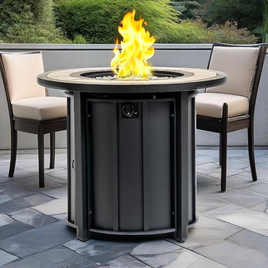 30'' Marble Ceramic Round Propane Fire Pit Table, 50,000 BTU Gas FirePit for Outdoor, Fire Table with Lid, Warmth & Ambience to Gatherings and Parties On Patio Deck Garden Backyard, Black.