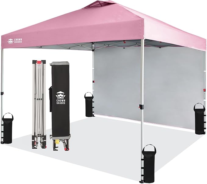 CROWN SHADES Canopy Tent, 10 x 10 Foot Portable Pop Up Outdoor Shelter with 1 Sidewall, Easy 1 Push Center Lock, UV Protection, and Carry Bag, Pink