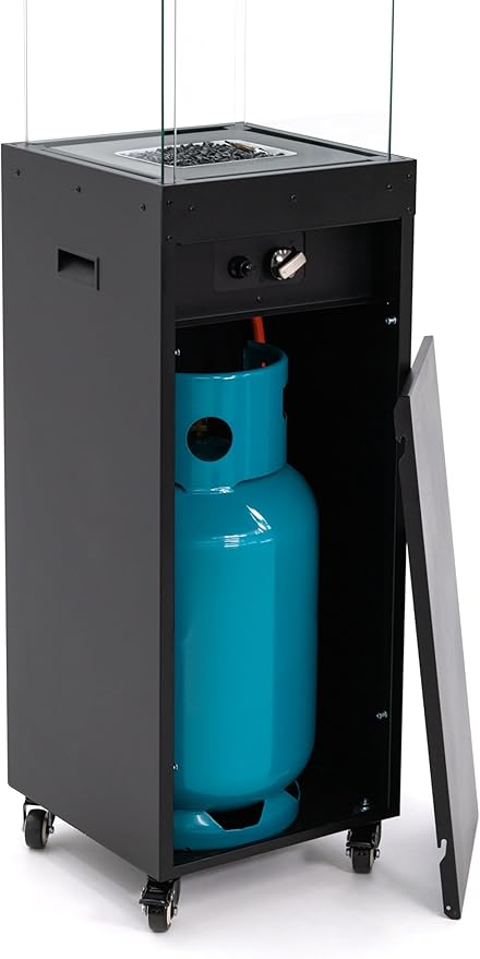 Planika Faro 41,000 BTU Propane Patio Heater 59" Modern Freestanding Glass Tower with Wheels, Smokeless 360° Flame, Cover & Regulator Included for Commercial & Residential Outdoor Spaces