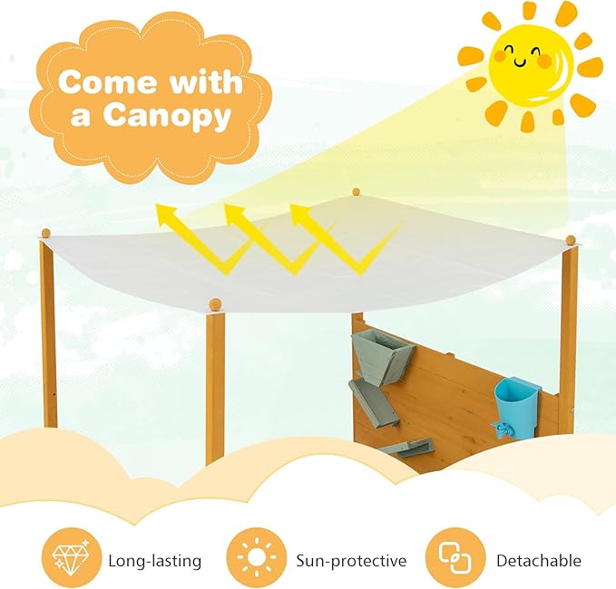 Costzon Kids Sandbox with Sand Wall, Wooden Sandpit w/Removable Canopy, Water Bucket, Storage Bins, 2 Corner Seats & Bottom Liner, Outdoor Sand Box for Kids Aged 3-8 (Backyard, Garden & Beach)