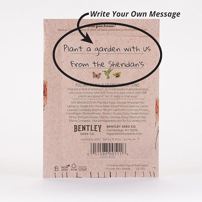 Bentley Pollinator Mix - Pre-Filled, Non-GMO, Non-Coated Butterfly Packets - 25 Annual Wildflower Seeds - Perfect Eco-Friendly Gift