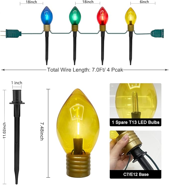 Jumbo Pathway Lights, 7FT Christmas Walkway Lights with Pathway Marker Stakes and 4 LED Clear Multicolor Bulb,Christmas Light Outdoor Decorations for Lawn Yard,4 Lights