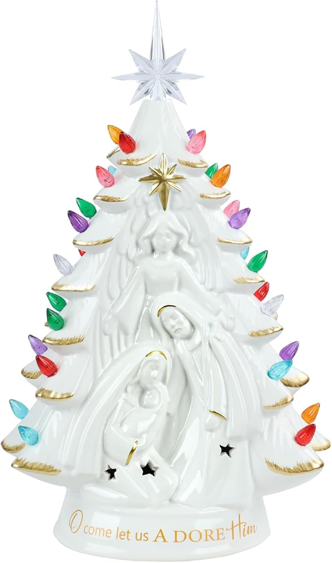 Ceramic Christmas Tree Nativity 14 Inch Tabletop Christmas Tree Vintage Christmas Decoration Battery Operated White XmasTree with Multicolored Lights and Star