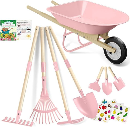 Kids Wheelbarrow Set with Gardening Tools Outdoor Backyard Garden Play for Toddlers Boys Girls 3-8, with Shovel, Rake, Leaf Rake, Easter Birthday Gifts (Pink Garden Set)