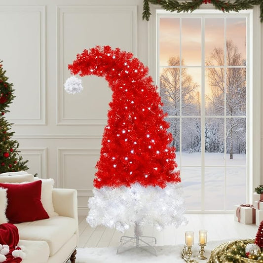 Merax 7FT Prelit Red Christmas Tree, Santa Hat Elf Hat Whimsical Christmas Tree Prelit with 400 Lights, 1250 Tips for Holiday Decor (Red)