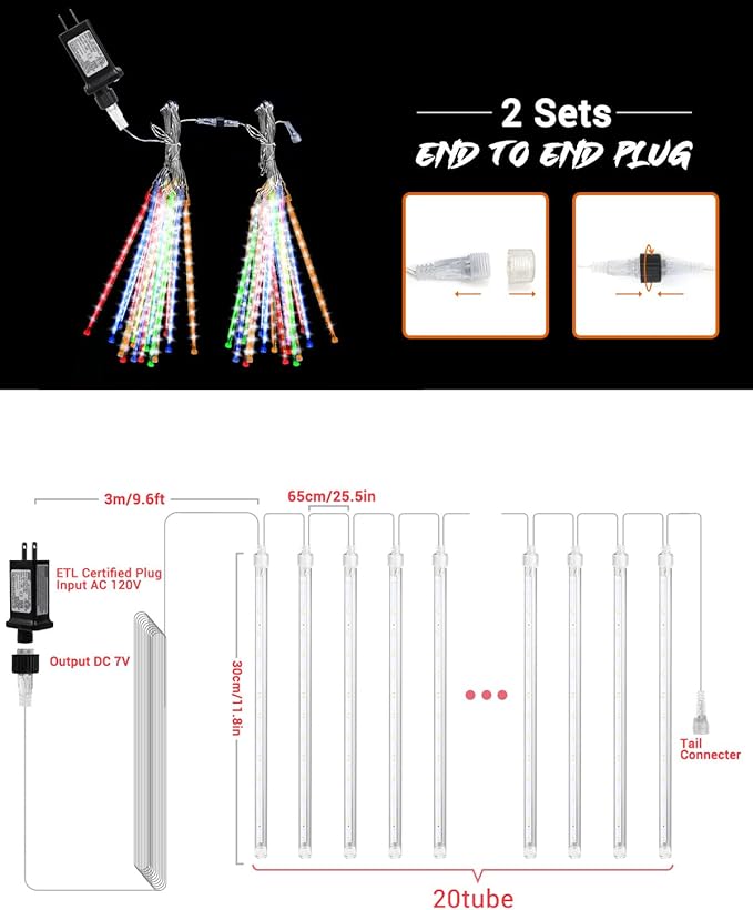 Flacchi Multicolor 20 Tubes Meteor Shower Icicle Light 480 LED Raindrop Lights with Timer Function Cascading Falling Rain Lights for Holiday Party Christmas Decorations
