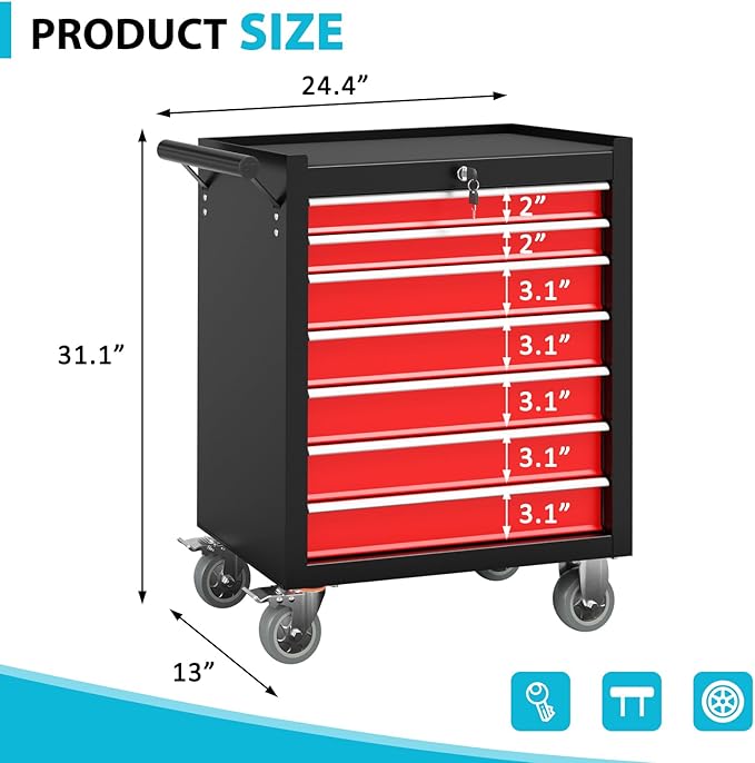 7 Drawers Rolling Tool Box, Portable Storage Tool Chest with Wheels, Toolbox with Lock for Warehouse, Garage, Repair Shop and Tool Room (BlackRed)