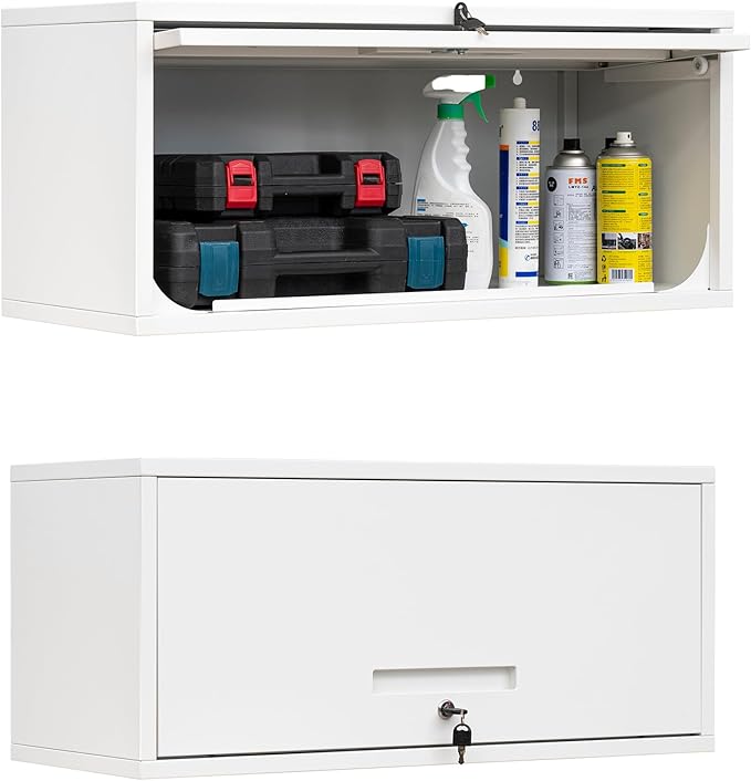 Yizosh Metal Wall Cabinet with Doors, Wall Mounted Storage Cabinet - Floating Tool Cabinet for Kitchen, Basement, Warehouse (White, 13.7 H)