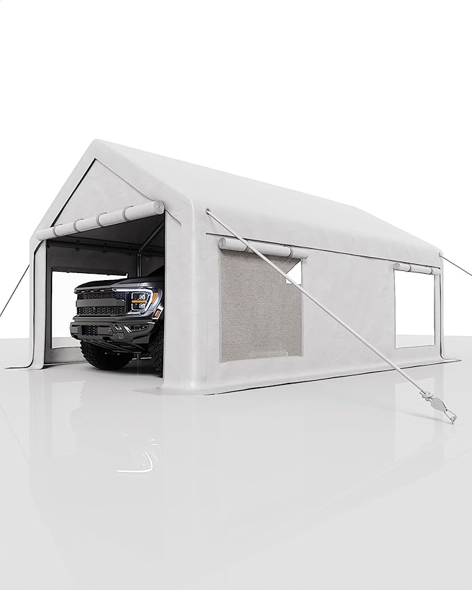 13X20 FT Portable Carport Garage with Roll-Up Windows & Doors, Heavy-Duty 200g PE Tarp, Waterproof & UV Protected Outdoor Shelter for Car, Boat, Truck, Motorcycle