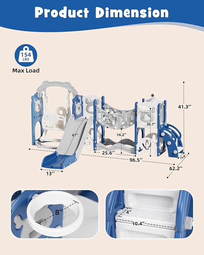 XJD 12-in-1 Toddler Slide and Swing Set, Kids Slide for Toddlers Age 1+, Toddler Outdoor Playset New Upgrade with Golf Set, Basketball Hoop, Drawing Board for Playground (Blue)