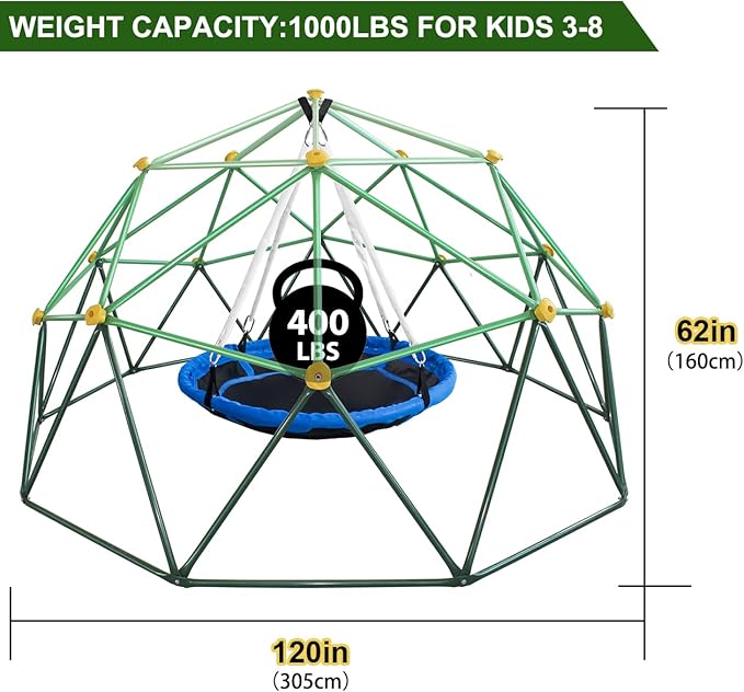 10FT Kids Climbing Dome Playground, Dome Climber Supporting 1000LBS with Rust & UV Resistant, Jungle Gym Outdoor for Kids 3 to 8 Backyard, Much Easier Assembly, Green