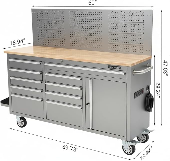 61 Inch Rolling Tool Chest, 10 Drawer Garage Tool Cabinet with Solid Rubber Wood Top, Heavy Duty Mobile Workbench with Power Strip, Lockable Steel Storage Organizer for Workshop and Home, Silver
