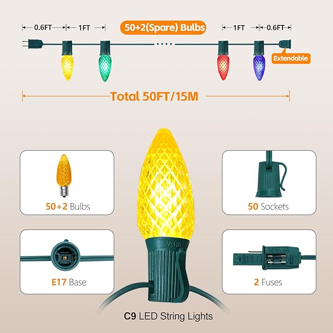 Vintage C9 LED Christmas Lights Outdoor, 50 Feet String Lights with 52pcs Shatterproof C9 Bulbs, Waterproof Connectable Commercial Christmas Tree Lights for Outside Roofline Patio Decor, Multicolor