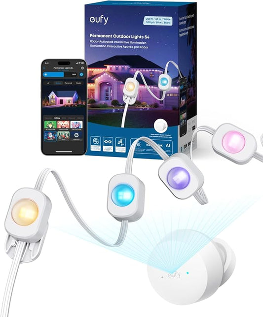 eufy Permanent Outdoor Lights S4, 3D Radar-Activated, 200ft with 144 LED Lights, Smart RGBWW for Halloween and Christmas Decorations, AI Light Themes, Music Mode, Matter Support, IP67 Waterproof