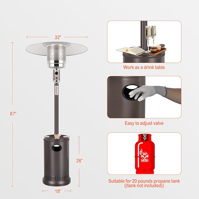 Hykolity 50,000 BTU Propane Patio Heater, Stainless Steel Burner with Wheels, Table Design, Triple Protection System Outdoor Heaters for Garden, Patio, Commercial and Residential, Brown
