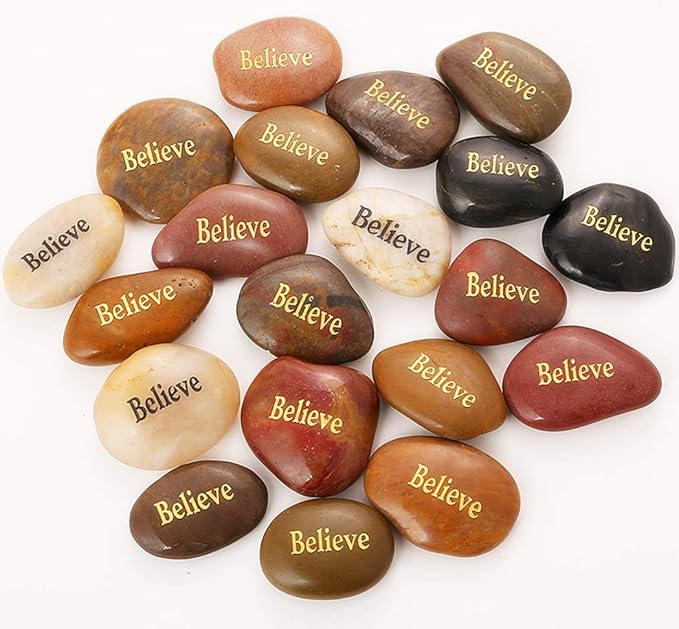 ROCKIMPACT 50PCS Believe Believe Stone Engraved Rocks Inspirational Gifts Prayer Stones Zen Chakra Gratitude Rocks Palm Pocket Motivation Encouragement Rocks Wholesale Believe Rock, 2"-3" Each