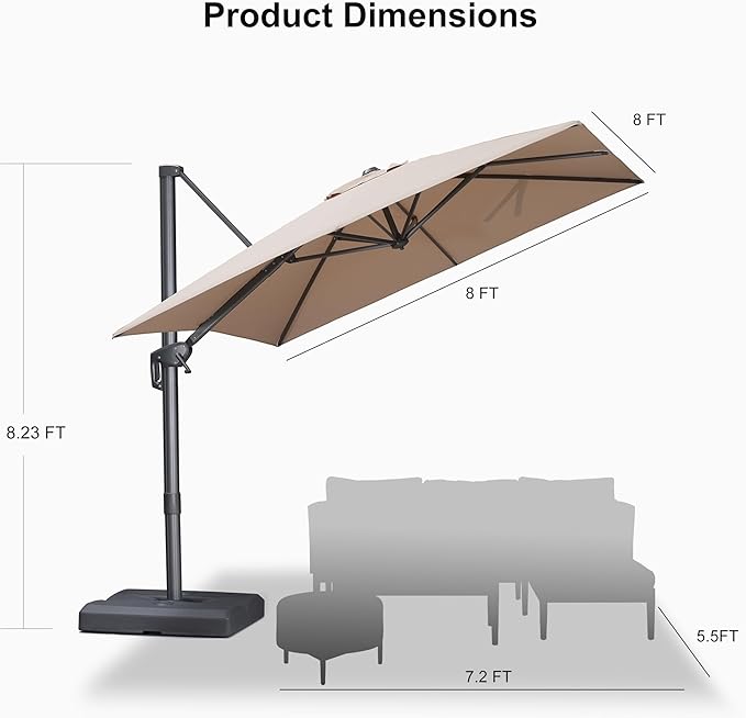 PURPLE LEAF 8 FT Cantilever Patio Umbrella Outdoor Aluminum Offset Square Umbrella with 3 Years Fade Resistance Recycled Fabric and 360-degree Rotation for Deck Pool Garden, Sand Dune