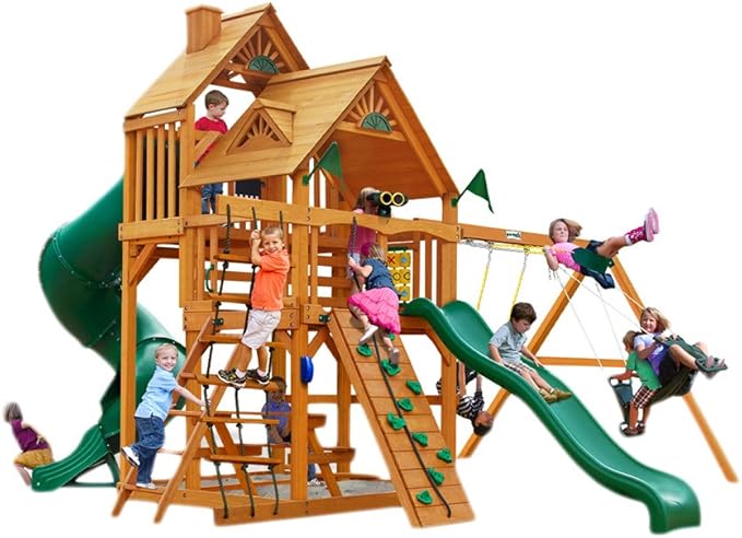 Gorilla Playsets 01-0030-AP Great Skye I Wood Swing Set with Wood Roof, Tube Slide, and Upper Level, Amber