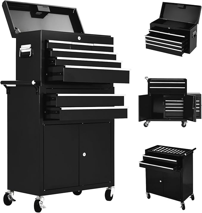 8-Drawer Rolling Tool Chest, 2-in-1 Detachable Top Tool Cabinet with Removable High Capacity Storage, Sliding Drawers, Wheels, Locking System & Liners for Workshop, Mechanics, Garage and Warehouse Use