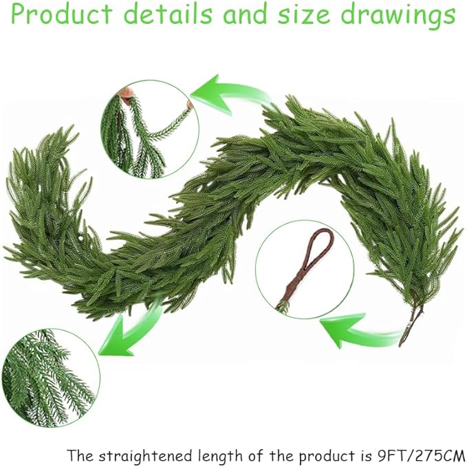 9 FT Artificial Norfolk Pine Garland, Real Touch Dense Faux Greenery Garland for Mantle, Table, Wall, Indoor & Outdoor Christmas Decorations, Christmas Garland