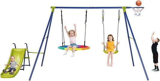 Costzon Swing Sets for Backyard, 4-in-1 Heavy Duty Large Metal Swing Frame w/2 Adjustable Swings, Slide, Basketball Hoop, Play Equipment for Indoor Outdoor, Gift for Kids
