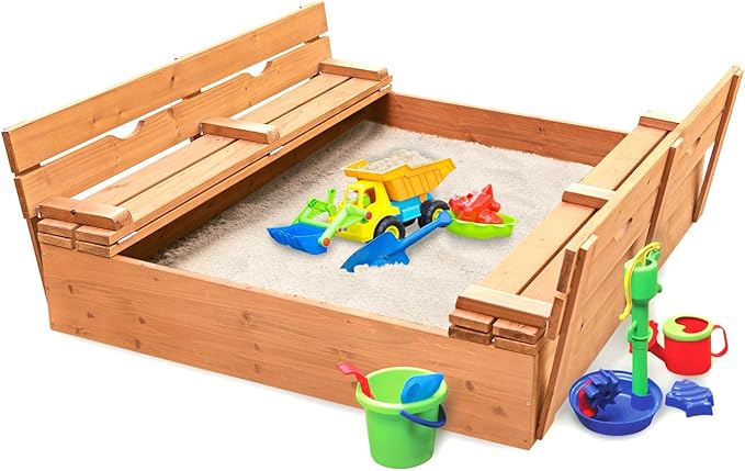 Badger Basket Wooden Sandbox with Lid & Benches - Large Outdoor Sandbox for Kids Made of Cedar - Foldable Cover, Seating & Backyard Playset (46.5 x 46.5 x 9.5)