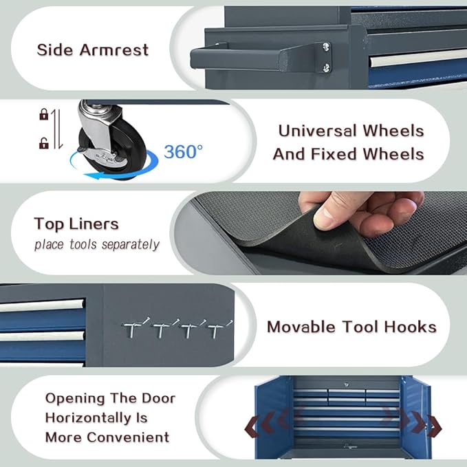 13-Drawer Tool Chest with Double Door Handle,2 in 1 Detachable Rolling Tool Chests with Wheels and Drawers,Large Tool Box with Lock,Mobile Steel Tool Cabinet Storage (Gray&Blue)
