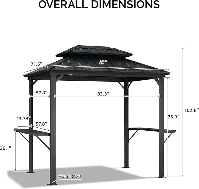 PURPLE LEAF 6' X 8' Hardtop Grill Gazebo for Patio Permanent Aluminum Barbeque Shelter Canopy with Ceiling Hook and Shelves Double Tiered Grey Outdoor BBQ Gazebo