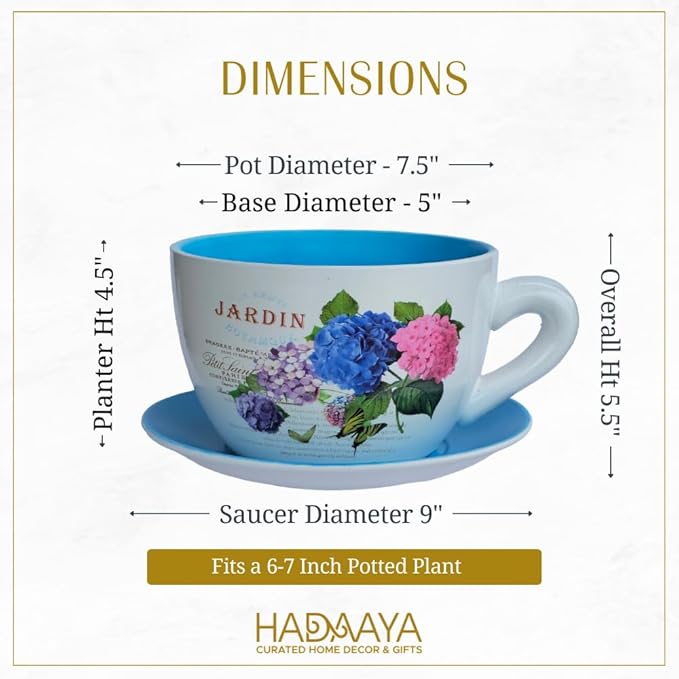 7.5" Ceramic Teacup Planter Pot with Saucer | Ideal for Succulents, Orchids, Herbs & Flowers | Indoor Use| Thoughtful Gift for Christmas, Birthday & More – Blue Hydrangea Jardin