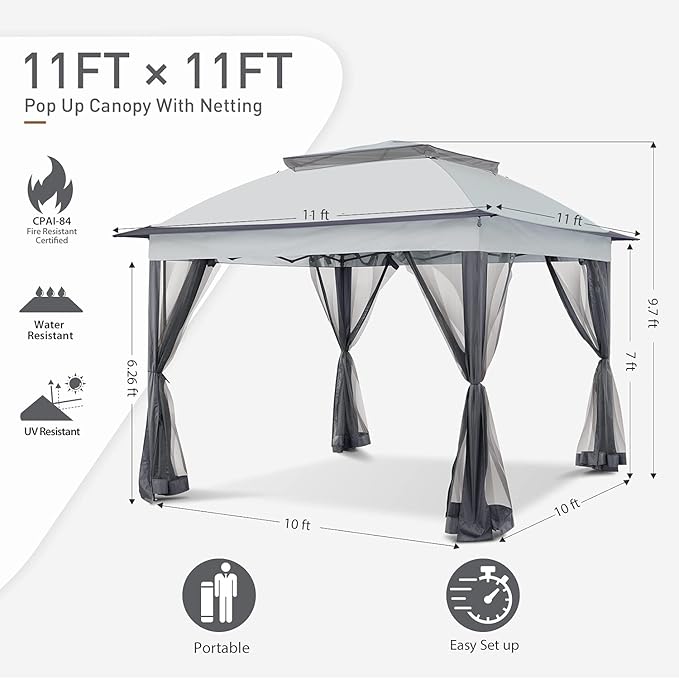 COOS BAY 11x11 Pop Up Gazebo with Mesh Netting, Instant Outdoor Canopy Tent, Water Resistant Shelter with UPF 50+ UV Protection, 121 Sq Ft Coverage, Gray
