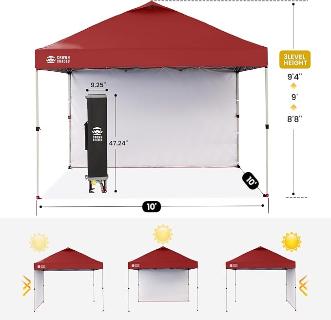 CROWN SHADES 10x10 Pop Up Canopy with 1 Side Wall - Beach Tent with One Push Setup - Outdoor Sun Shade for Events, Parties, Camping - Gazebo with STO-N-Go Cover Bag (Red)