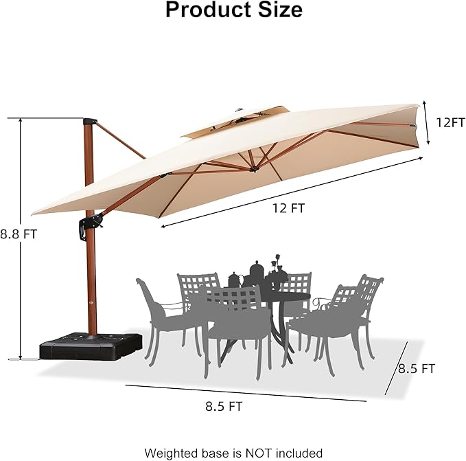 PURPLE LEAF 12ft Patio Umbrella Outdoor Square Umbrellas Large Cantilever Umbrella Windproof Offset Umbrellas Heavy Duty Sun Umbrella for Garden Deck Pool Patio, Beige