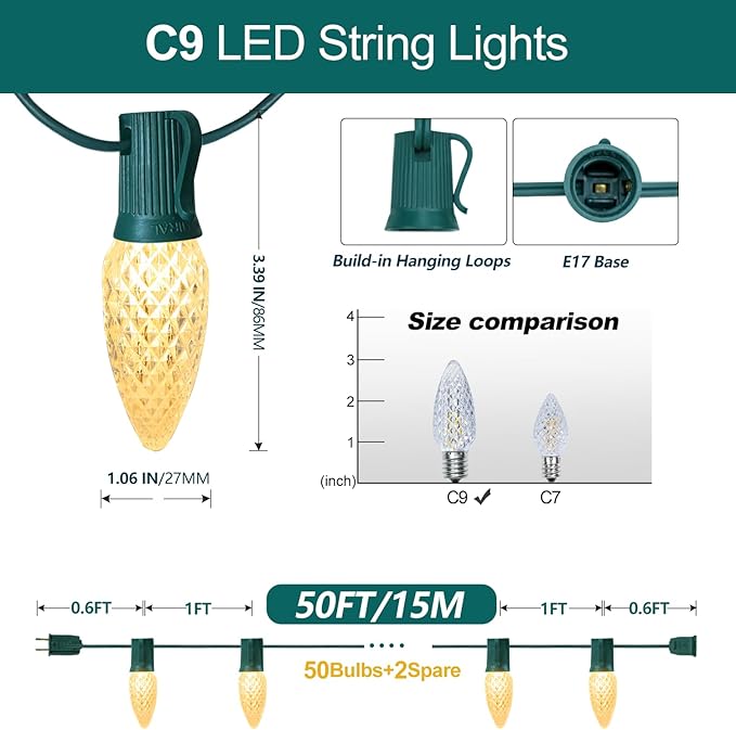 Vintage C9 LED Christmas Lights Outdoor, 50 Feet String Lights with 52pcs Shatterproof C9 Bulbs, Waterproof Connectable Commercial Christmas Tree Lights for Outside Roofline Patio Decor, Warm White