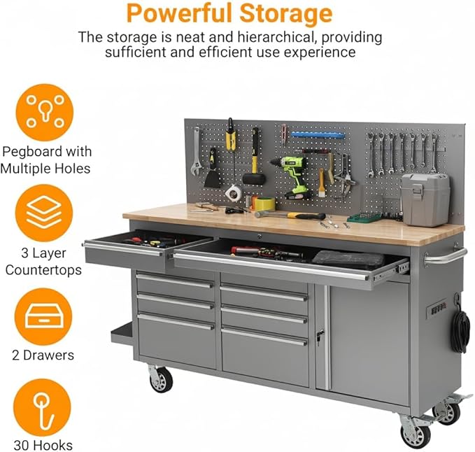 Tool Chest, 61 Inch Tool Box Mobile 9 Drawers Storage Rolling Cabinet with Wheels Lock Key Locking System Drawer Liners for Garage Warehouse Repair Shop, Sliver