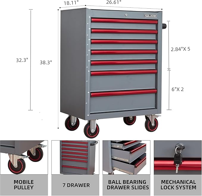 7-Drawer Rolling Tool Chest with Locking Wheels & Drawers, 18.11 D x 26.61 W x 38.3 H Mobile Tool Storage Cabinet, Heavy-Duty Garage Organizer with Ergonomic Handle