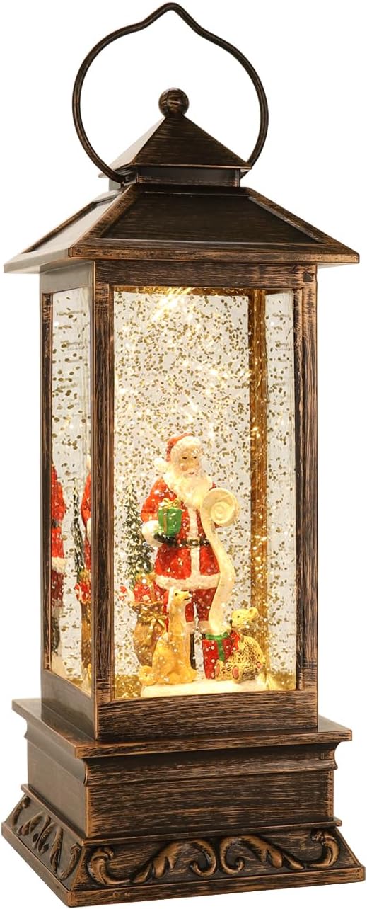 Christmas Snow Globe Lantern Christmas Decorations, Xmas Gifts Christma Vintage Home Decor Indoor,Sparkling with Music 6H Timer, Holiday Party Gifts (Santa Claus Red)
