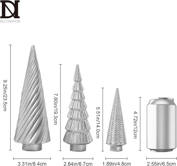 DN DECONATION Silver Christmas Tree Figurines Set of 3, Table Top Xmas Tree Decor with Glitter, Modern Pine & Swirl Design, Resin Christmas Trees for Mantel, Desk, Fireplace,Holiday Centerpiece