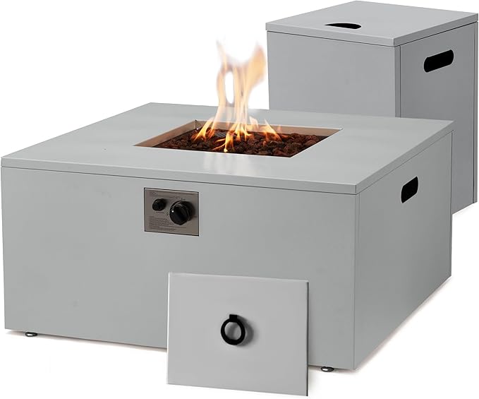 ECOTOUGE 2 Piece 32 Square Propane Fire Pit Table wirh Tank Holder, 50,000 BTU Outdoor Gas Fire Pit with Lid, Steel Fireplace w/Weather Cover, Lava Rocks for Patio, CSA Certified, Grey