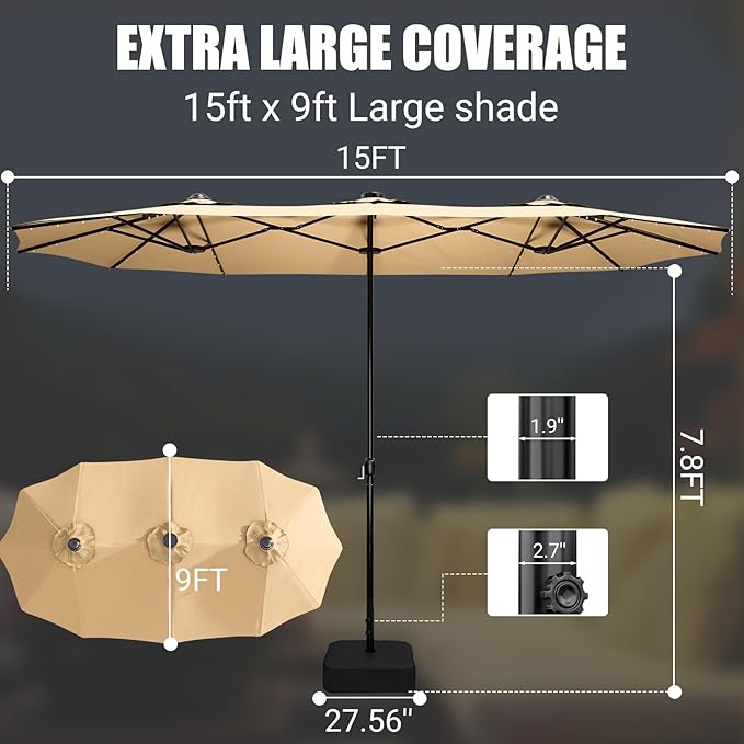 CHABATREE 15FT Rectangle Patio Umbrella with Base & Solar LED Lights - Double-Sided