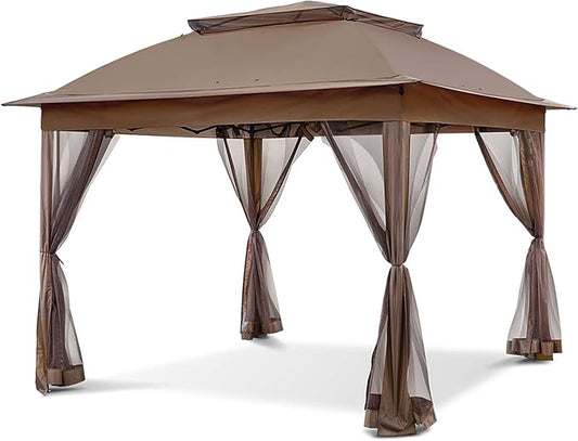 COOS BAY 11x11 Pop Up Gazebo with Mesh Netting, Instant Outdoor Canopy Tent, Water Resistant Shelter with UPF 50+ UV Protection, 121 Sq Ft Coverage, Brown