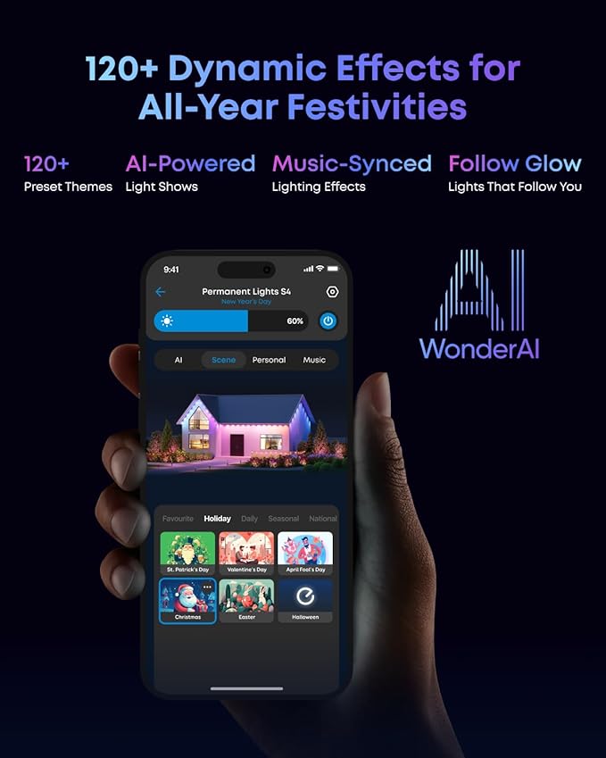 eufy Permanent Outdoor Lights S4, 3D Radar-Activated, 150ft with 108 LED Lights, Smart RGBWW for Halloween and Christmas Decorations, AI Light Themes, Music Mode, Matter Support, IP67 Waterproof